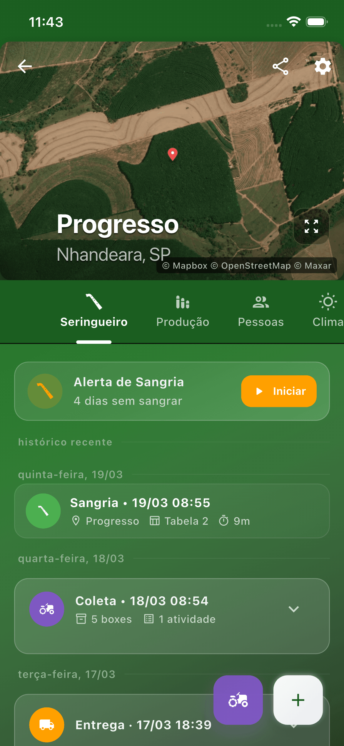 Screenshot do app Seringueiro mostrando o dashboard do produtor